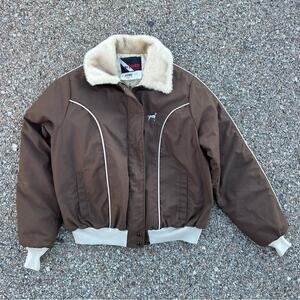 Vintage 70s Wiman Faux Sherpa Fur collar Bomber Jacket Brown Cream Womens Large